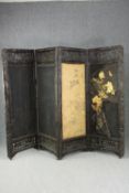 Screen, carved Chinese hardwood with painted and embroidered decoration. Damaged as seen. H.180 W.
