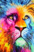 A large acrylic painting on canvas. A psychedelic lion. Unsigned. H.120 W.100 cm.