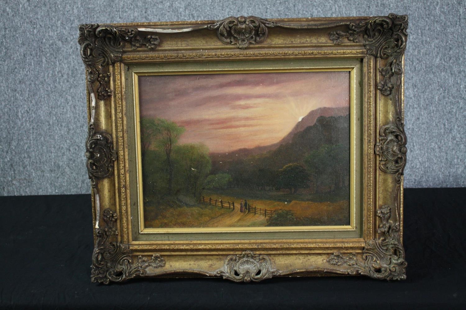 Painting, oil on canvas. A couple set in a rural sunset landscape. Mid nineteenth century. Unsigned. - Image 2 of 3