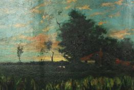 An early 20th century gilt framed oil on board of a countryside landscape with pond at sunset.