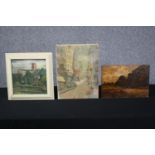 Three oil paintings. One on canvas and two on board. Land and townscapes. One signed 'Trevor