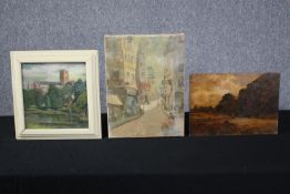 Three oil paintings. One on canvas and two on board. Land and townscapes. One signed 'Trevor