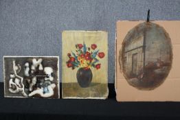Three oil paintings on canvas. A still life, abstract and nineteenth century oval picture of