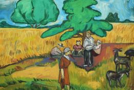 After Natalia Goncharova (Russian. 1881–1962). Workers in a corn field, oil on board. Signed