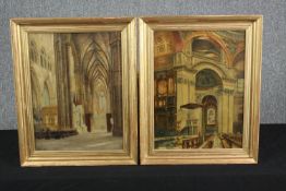 A pair of oil paintings on board. Interiors of a church. Signed with the artist's initials 'H.B' and