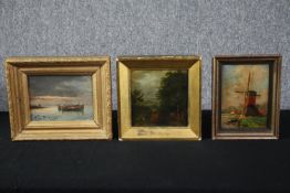 Three nineteenth century oil paintings. Landscapes and a seascape. H.25 W.30cm. (largest)