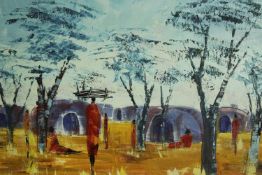 Oil on board. African village scene, maybe Massai. Framed and signed 'Bolo'? H.51 x W.61 cm.