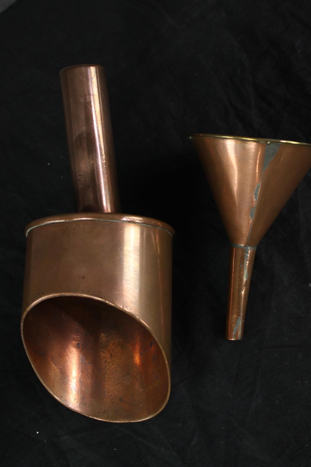 A collection of Victorian brass and copper items, including a brass and copper funnel, a copper coal - Image 4 of 5