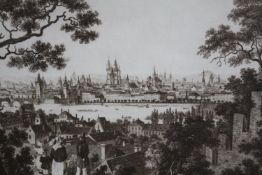 Vincenc Morstadt. Engraving. A view of the old city of Prague. Framed and glazed. H.37 W.44 cm.