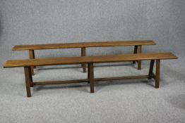 Refectory benches, a pair Arts and Crafts style oak. H.44 W.230 D.23cm. (each)