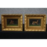 A pair of oil paintings on board. Cherubs with goats in deep and heavily decorated gilt frames. H.29