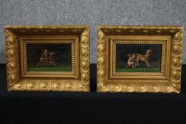 A pair of oil paintings on board. Cherubs with goats in deep and heavily decorated gilt frames. H.29