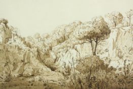 Watercolour or ink wash signed G. R. Rust. A lone fisherman among the rocks. Framed and glazed. H.49