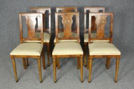 Dining chairs, set of six early 20th century French burr walnut and inlaid.