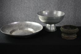 An aluminium fruit bowl and tray along with a pierced bronze planter with stylised floral and