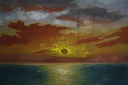 Oil on board. A romanticised sunset. Unsigned. In an ebonised frame. Twentieth century. H.43 W.53
