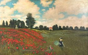 After Claude Monet. The Poppy Field near Argenteuil, 1873. A large framed hand painted copy of