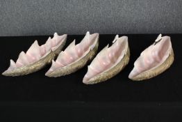 Four ceramic clam shells. Decorated in gilt. Each measure L.45 W.15 cm.