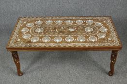Coffee table, Indian teak with peacock and floral inlay. H.44 W.102 D.51cm.