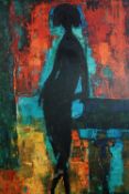 Oil on board. Silhouetted figure by a piano. Indistinctly signed. H.80 W.60 cm.