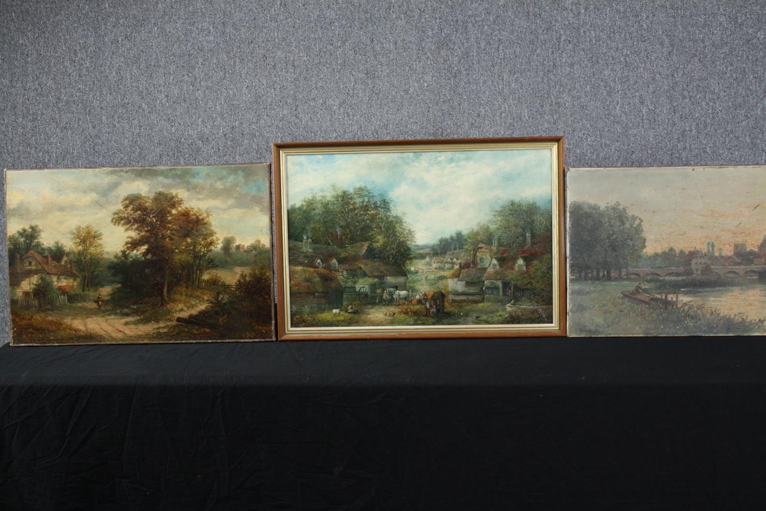 Three paintings. Oils on canvas. Landscapes. Unsigned. One painting is framed. H.45 W.65 cm.