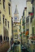 Painting, oil on canvas. A Venetian scene. Signed indistinctly bottom left. In a decorative and deep