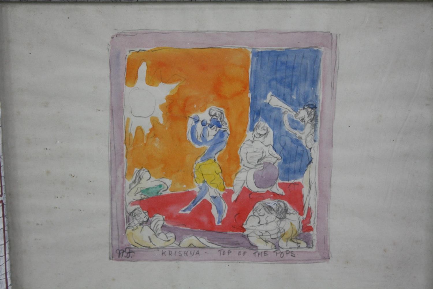Watercolour. 'Krishna on Top of the Pops'. Framed and glazed. H.34 W>41cm.