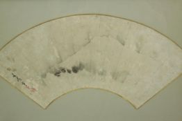 An early 20th century hand painted Japanese fan with mount Fuji decoration. Framed and decorated