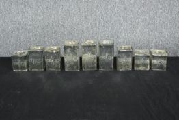 A set of glass tea lights. Each bearing the same engraved design. The largest measures H.13 cm.