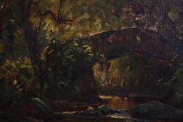 Oil on board. Expressionist style of a bridge. Signed on the back by the artist 'Humphry'? Twentieth