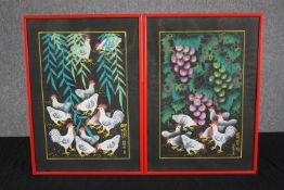 Two Chinese screen prints. Chickens. Signed with the artists seal. Framed and glazed. H.56 W.40 cm.