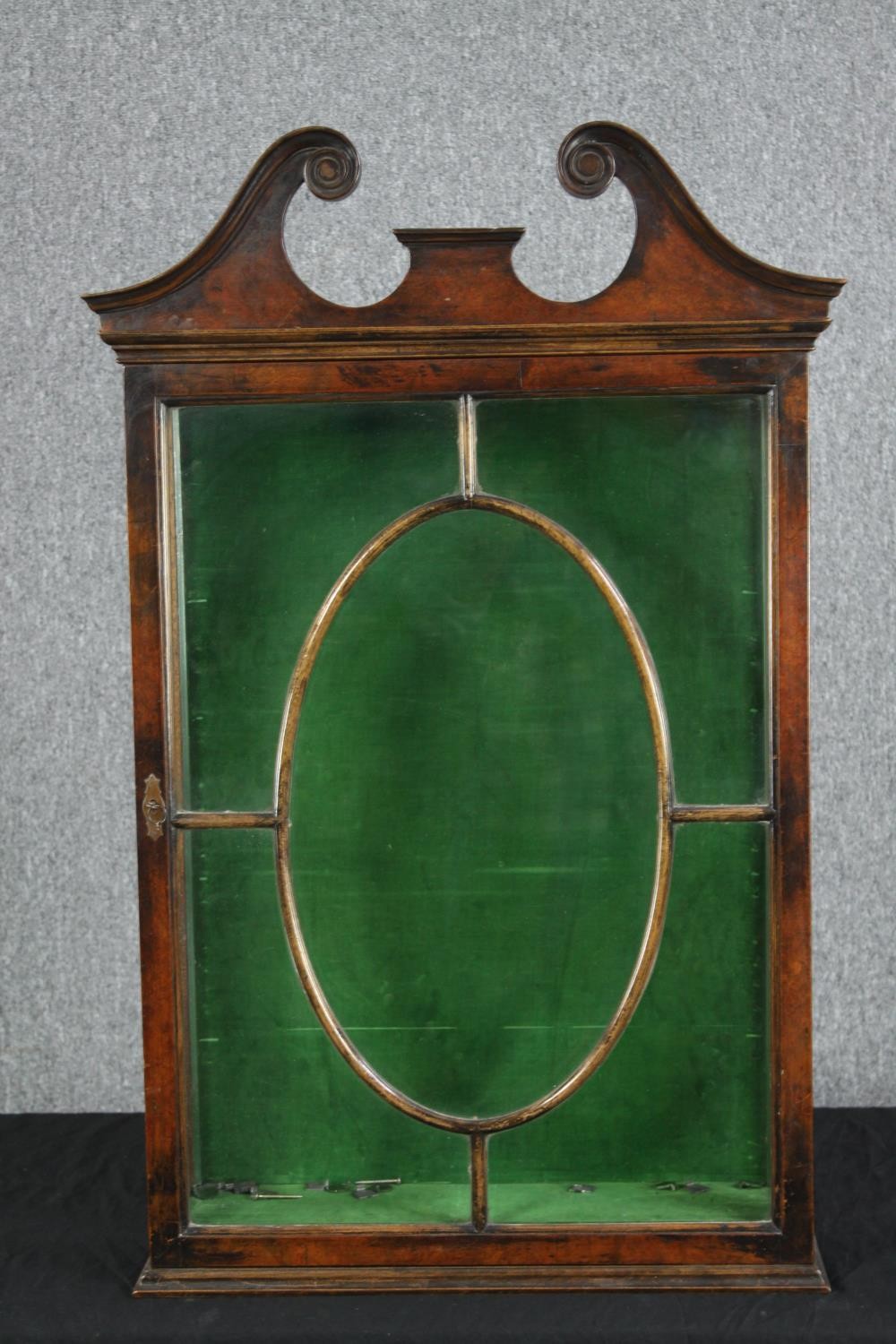 Display cabinet, wall hanging, C.1900 Georgian style walnut. H.92 W.59 D.14cm.