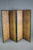 A 19th century four panel room divider with fabric floral panels. H.163 W.245cm.