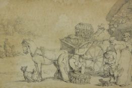 Nineteenth century pencil drawing. Rural scene, a horse cart. Unsigned. Framed and glazed. H.29 W.