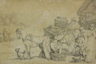 Nineteenth century pencil drawing. Rural scene, a horse cart. Unsigned. Framed and glazed. H.29 W.