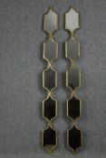 Mirrors, a pair, full height in gilt metal. H.149 W.14cm. (each)
