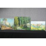 Three oil paintings. Two on canvas and one on board. Landscapes. H.51 W.60cm. (largest)