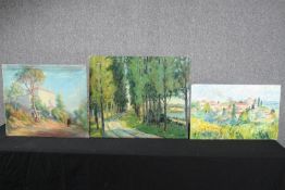 Three oil paintings. Two on canvas and one on board. Landscapes. H.51 W.60cm. (largest)