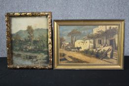 Two oil paintings on board. An impressionist style landscape and a naïve village scene. Both framed.
