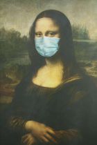 A large framed print of Leonardo De Vinci's Mona Lisa wearing a surgical mask. Framed. H.120 W.80