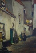 Oil painting on board. A street scene. Signed indistinctly bottom right and again verso. In a