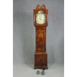 Longcase clock, Georgian oak and mahogany with painted dial and eight day movement. H.218 W.45 D.