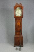 Longcase clock, Georgian oak and mahogany with painted dial and eight day movement. H.218 W.45 D.