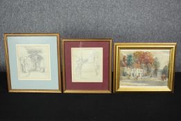 A watercolour and two drawings. The watercolour titled 'Sutton Road' and dated 14/11/1925. Signed
