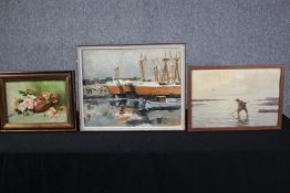 Three oil paintings on boards. A still life, harbour scene and a fisherman. Framed. Signed