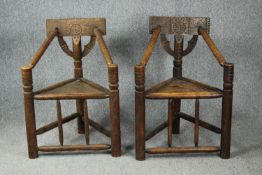 A pair of 19th century oak turner style chairs with ring turned and carved decoration. H.89cm.