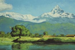 Oil on canvas. Landscape. Mountain range. Unsigned. H.49 W.93 cm.