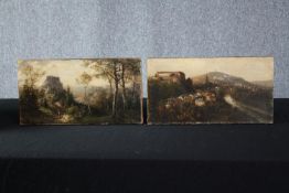 Two unframed 19th century oils on canvas. A land and townscape. Unsigned. H.24 W.46cm.