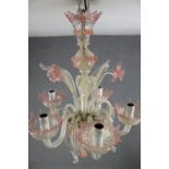 Murano pink glass five branch chandelier. Pale pink twisted cane glass flowers and foliage. H.63