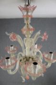 Murano pink glass five branch chandelier. Pale pink twisted cane glass flowers and foliage. H.63